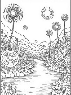 Oversized Circle Garden with Waterfall and Spiral Trees