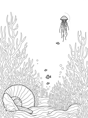 Underwater Garden with Giant Conch Shell and Colorful Fish