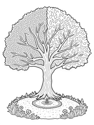 Four Seasons Tree with Blossoms, Leaves, and Snowflakes