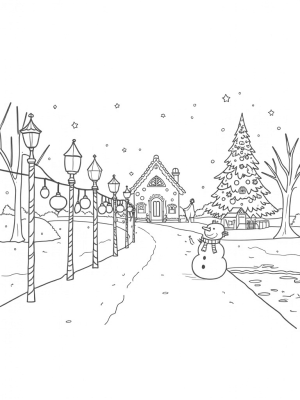 Gingerbread House and Snowman in a Winter Village