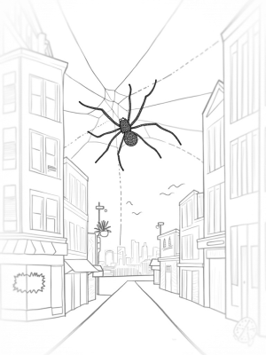 Twilight Urban Skyline with Spider Web and Sneakers