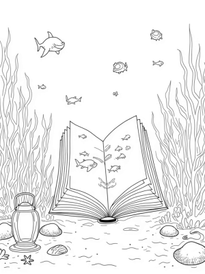 Underwater Library with Shark-Finned Books