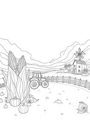 Whimsical Farm Landscape with Giant Corn Cob and Pumpkins