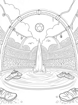 Sports Equipment Arena with Whirling Soccer Ball Fountain