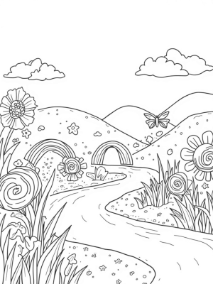 Magical Meadow with Unicorn Horn River and Rainbow Rocks