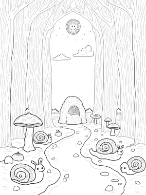 Gruffalo-Inspired Forest with Playful Snails and Colorful Mushrooms