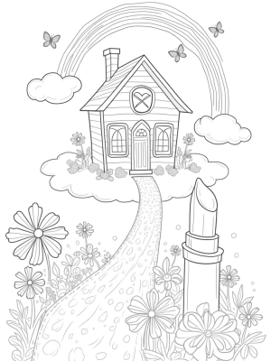 Dreamhouse in the Sky with Heart Windows and Glittery Waterfalls