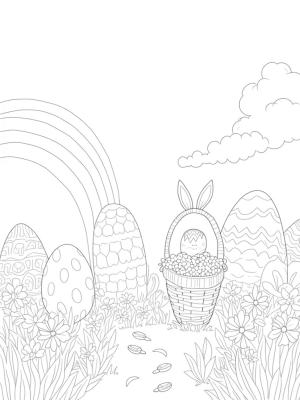 Giant Carrot and Decorated Eggs in a Colorful Garden