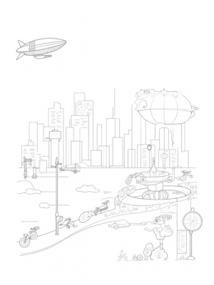 Futuristic Cityscape with Hover Cars and Airship