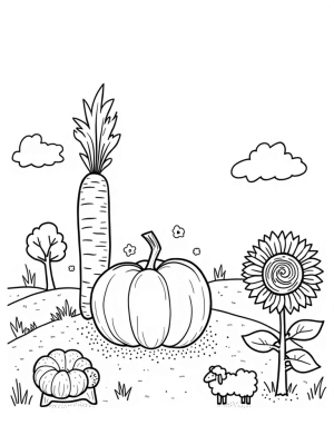 Oversized Vegetables in a Whimsical Farmyard