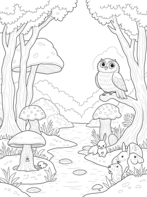 Majestic Owl in a Forest of Mushrooms and Ferns