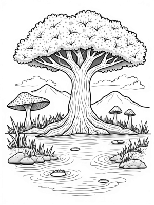 Towering Tree Archway with Serene Pond
