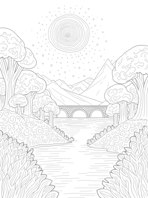 Serene Landscape with Spiral Trees and a Reflective Lake