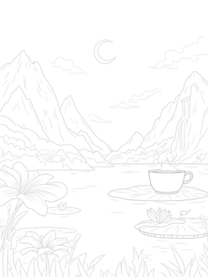 Tranquil Lake with Mountains and Tea Cup