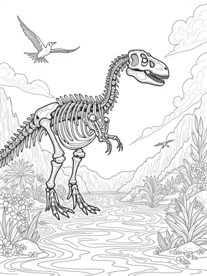 Dinosaur Skeleton Over a Lush Jungle
