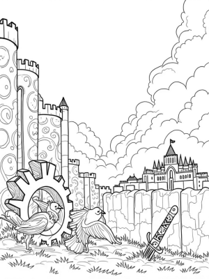 Majestic Cityscape with Giant Gear and Birds