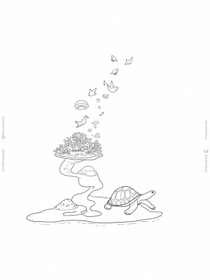 Giant Tortoise with a Coral Reef in a Dreamlike Jungle
