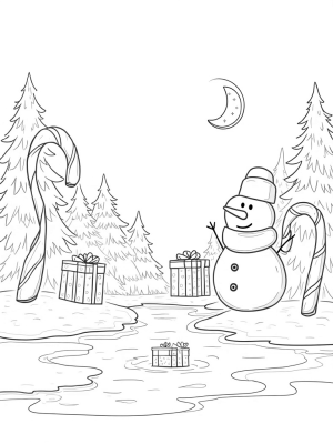 Giant Snowman Surrounded by Candy Canes and Floating Gifts