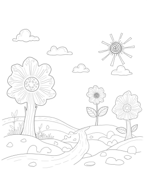 Musical Garden with Giant Flowers and Liquid Notes