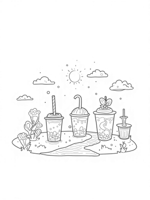 Boba Tea Garden with Giant Cups and a Bubble Sun