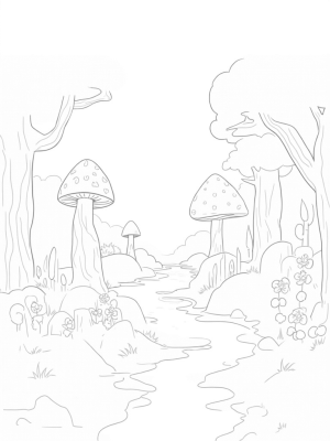 Magical Forest Clearing with Giant Mushrooms and Cacti