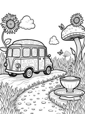 Whimsical Bus in a Garden of Flowers