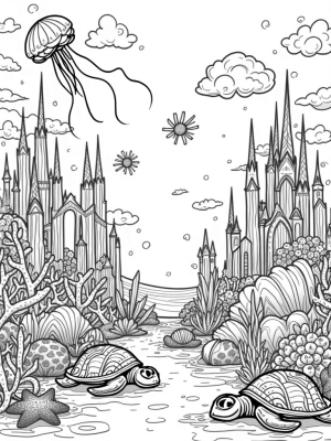 Underwater Garden with Seashells and Coral Spires