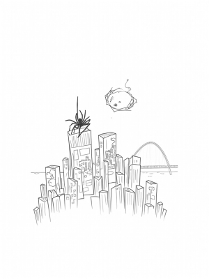 Twilight Urban Skyline with Spider and Webs