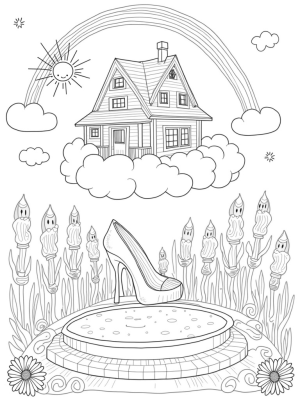 Dreamhouse on a Cloud with Flower Trees and a Rainbow