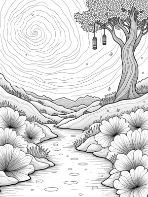 Vibrant Meadow with Musical Rocks and Fractal Tree