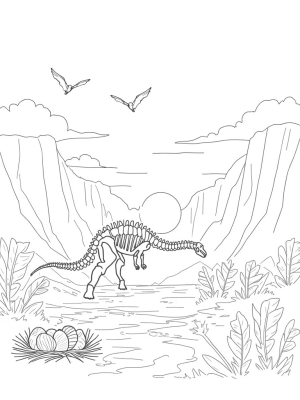 Dinosaur Skeleton and Volcanic Landscape