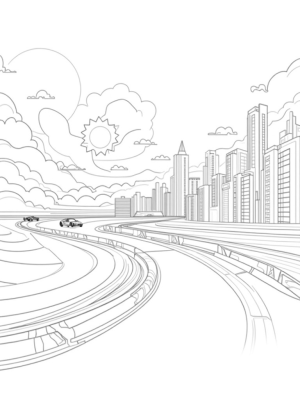 Futuristic Racetrack with Lamborghinis and Skyscrapers