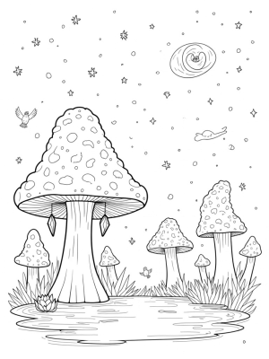 Magical Mushroom Forest with Shimmering Pond
