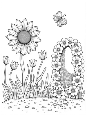 Oversized Flowers and a Giant Sunflower in a Whimsical Garden