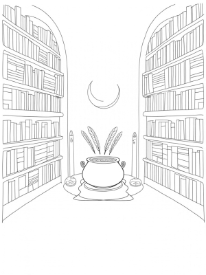 Enchanted Library with Floating Quills and Magical Potions