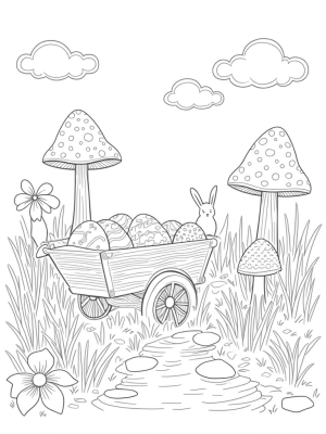 Easter Eggs and a Wooden Wheelbarrow in a Colorful Garden