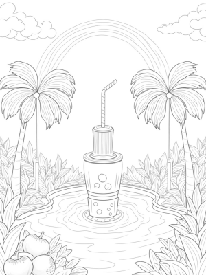 Boba Tea Garden with Giant Fountain and Fruit Sculptures