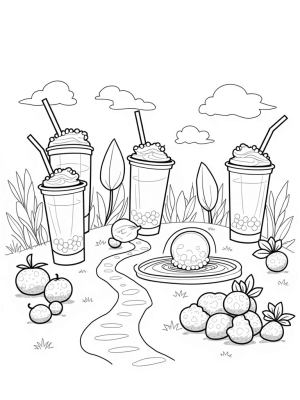 Boba Tea Garden with Giant Cups and Fruit Sculptures