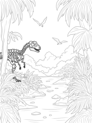 Prehistoric Jungle with Dinosaur Skeleton and Colorful Eggs