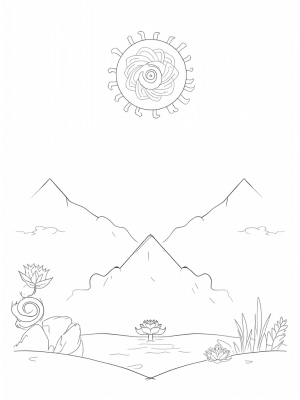 Serene Mountain Lake with Mandala Flowers and Geometric Peaks