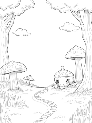 Whimsical Forest Clearing with Oversized Mushrooms and Gruffalo Boulder