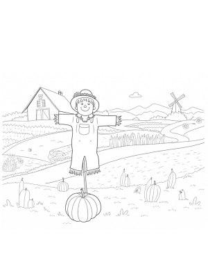 Colorful Farm Landscape with Smiling Scarecrow