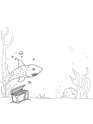Coral Reef Shark with Treasure Chest and Colorful Fish