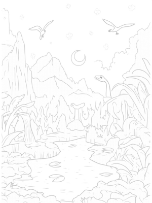 Prehistoric Jungle with Dinosaurs and Waterfall