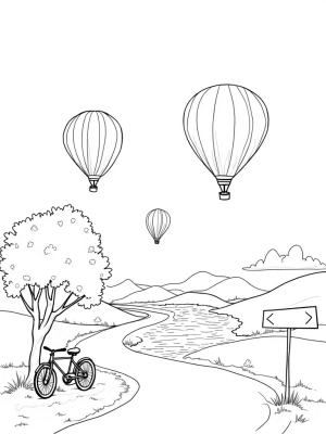Hot Air Balloons and a Giant Bicycle in a Colorful Landscape