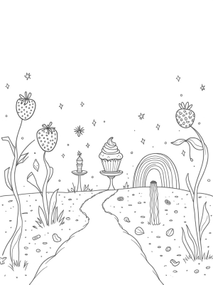 Oversized Strawberries and a Giant Cupcake in a Fruit Garden