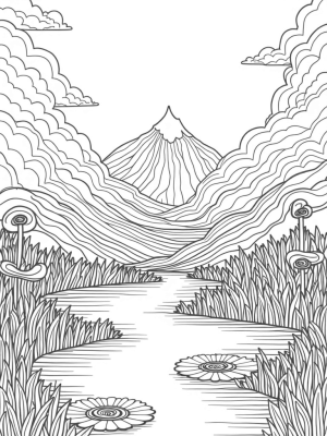 Dreamy Landscape with Whimsical Trees and Crystalline Peaks