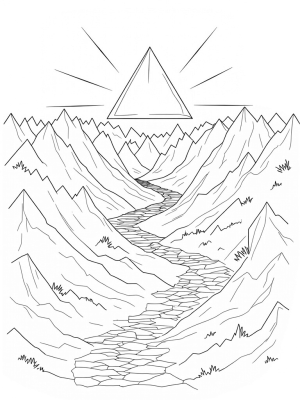 Triangular Mountain Landscape with Sun and River