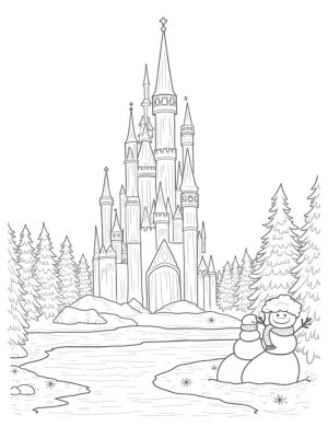 Sparkling Ice Castle with Snowman and Frozen Pond
