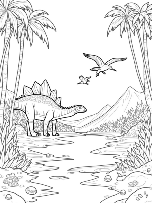 Prehistoric Jungle with Stegosaurus and Pterodactyls